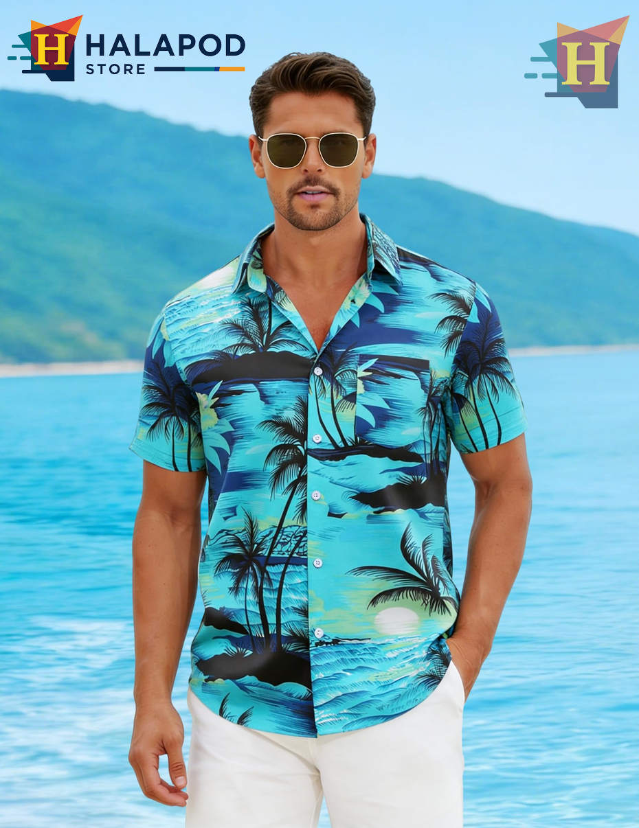 Green Palm Tree Hawaiian Shirt Casual Summer Beach Tropical Outfits Mens Apparel