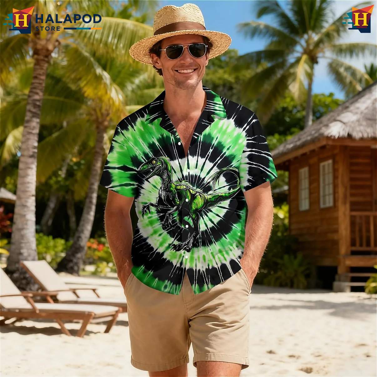 Green Tie Dye Dinosaur Short-sleeve button-up shirt Tropical Short Sleeve Button Down