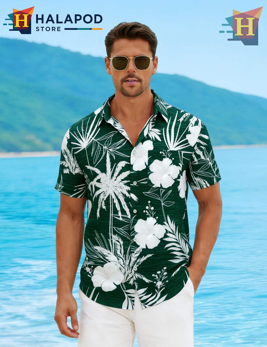 Green White Flower Hawaiian Shirt Casual Summer Beach Tropical Outfits Mens Apparel