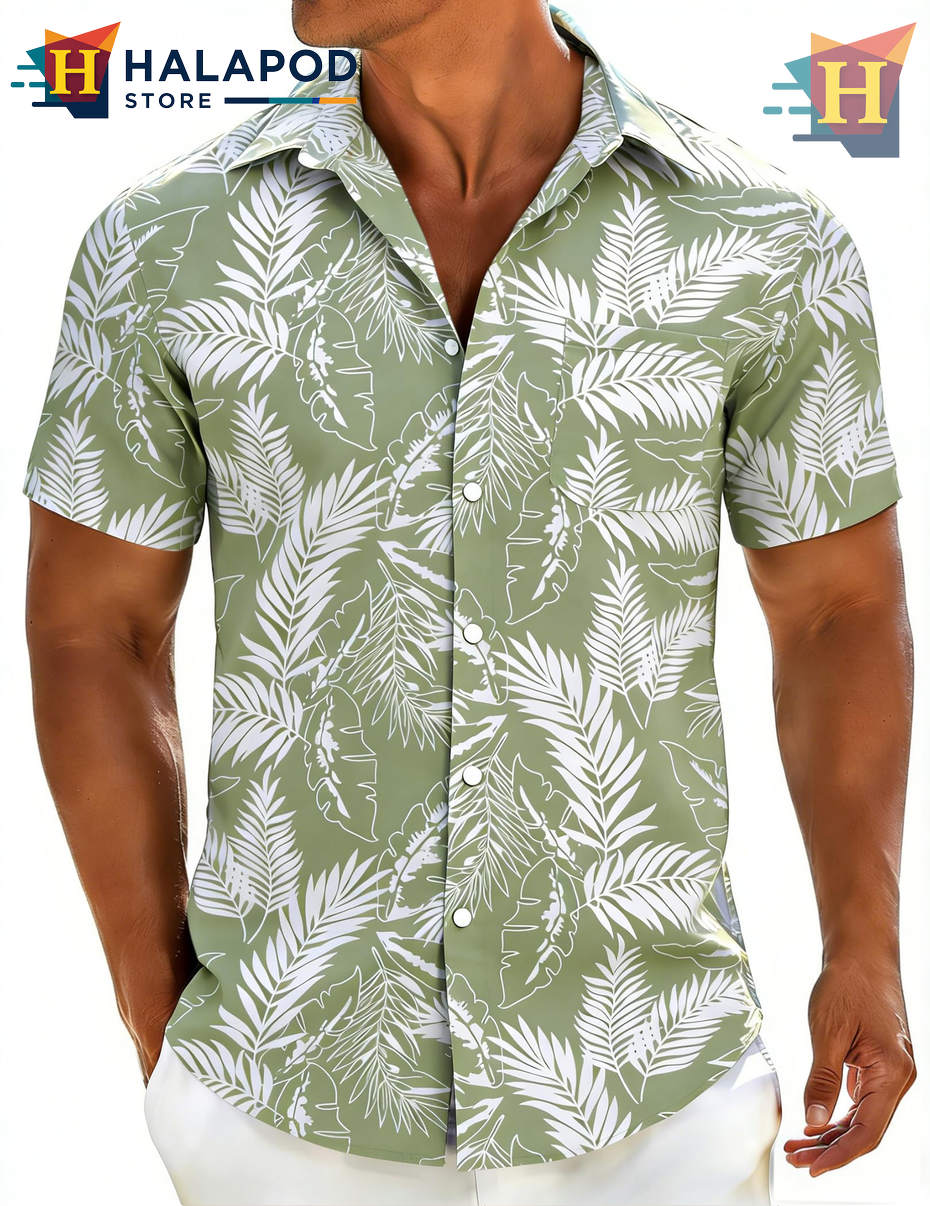 Green White Leaf Hawaiian Shirt Casual Summer Beach Tropical Outfits Mens Apparel