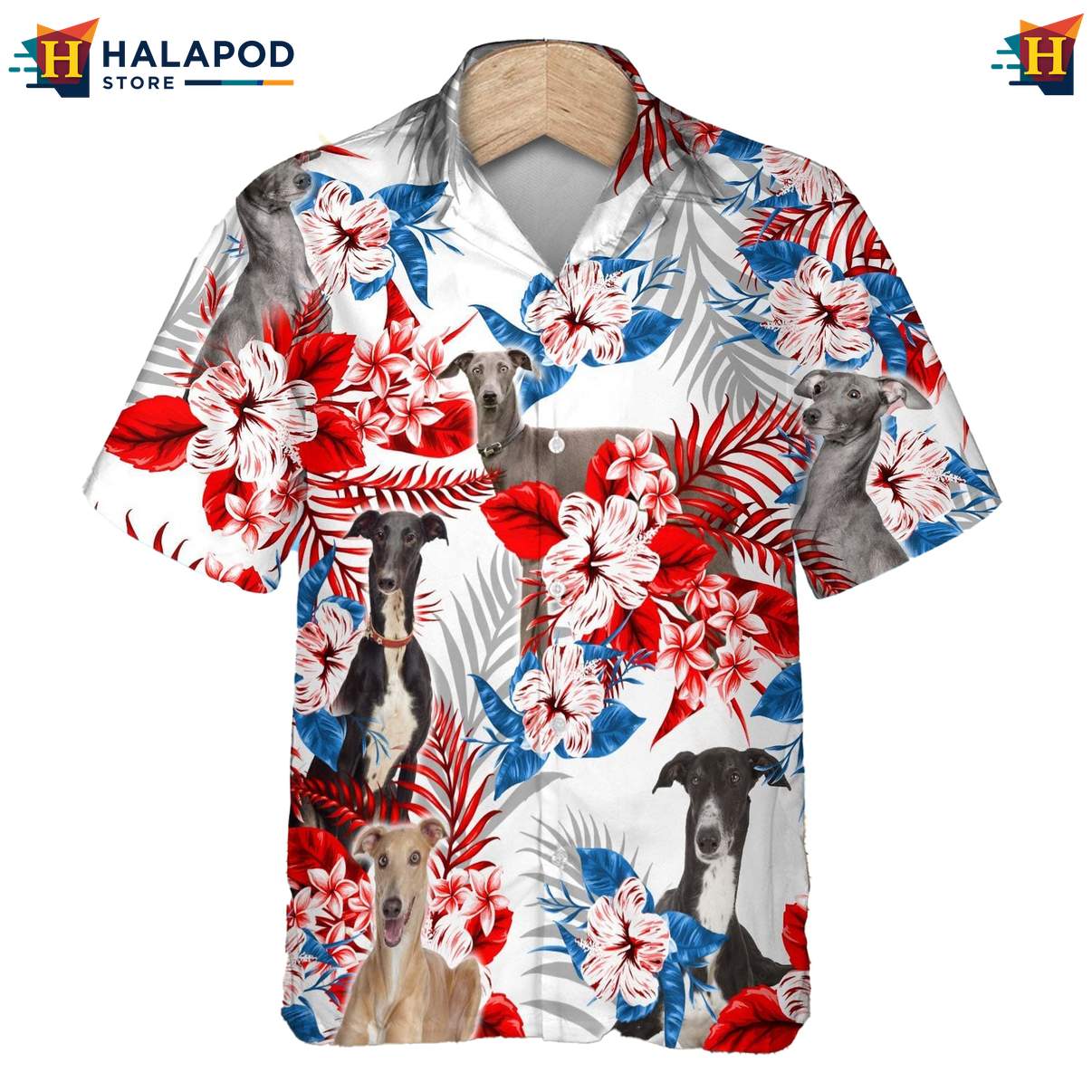 Greyhound Dog Tropical Hawaiian Shirt Mens Leaf Aloha Button Down Apparel
