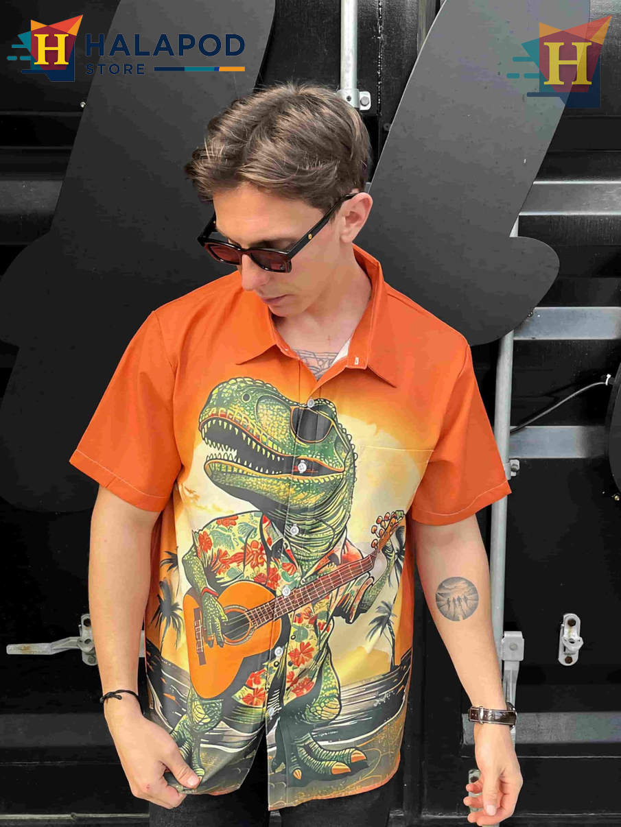 Guitar Dinosaur Hawaiian Shirt Funny Graphic Tropical Casual Beach Mens Shirt