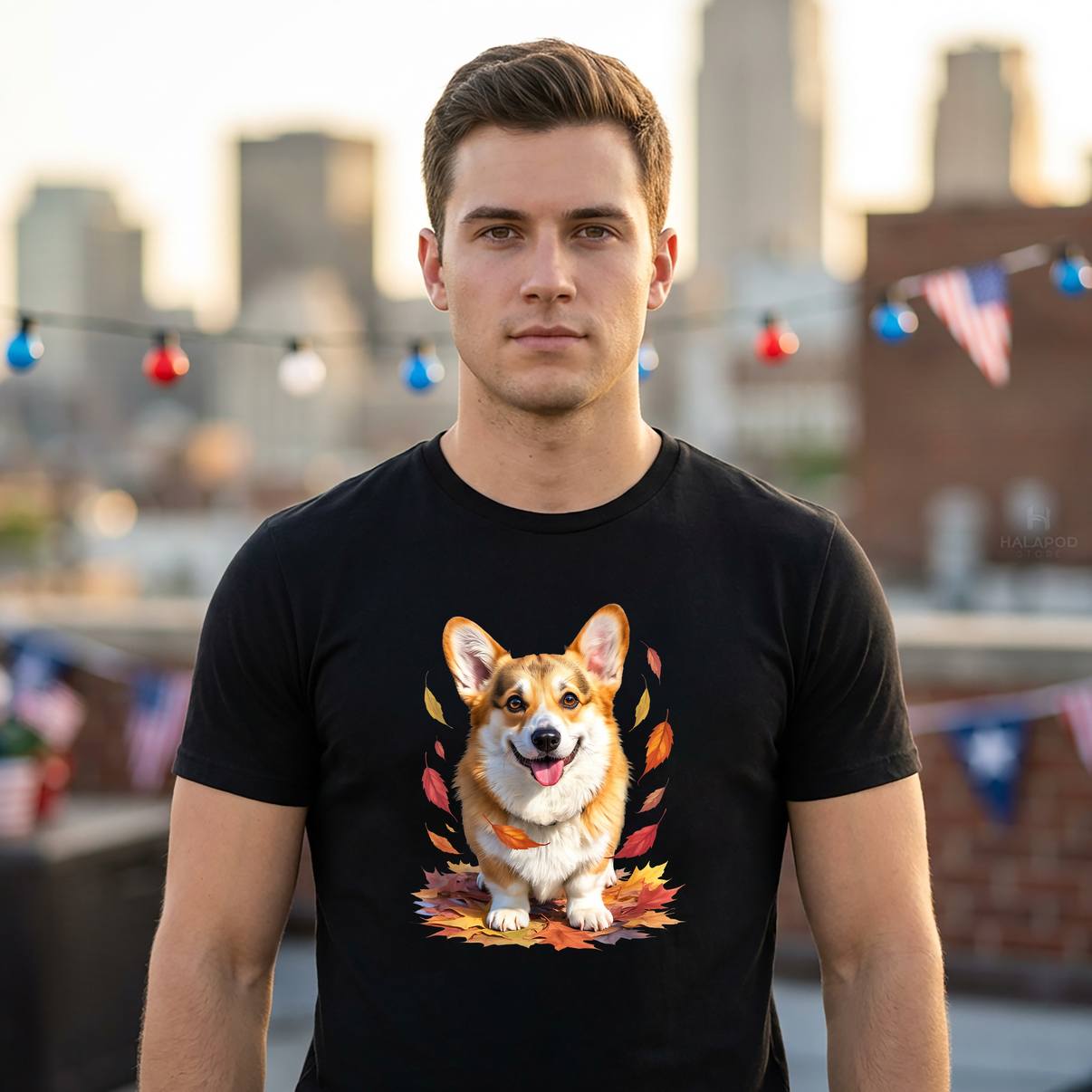 Happy Corgi With Autumn Leaves Tee Shirt Design For Dog Lovers Graphic Mens