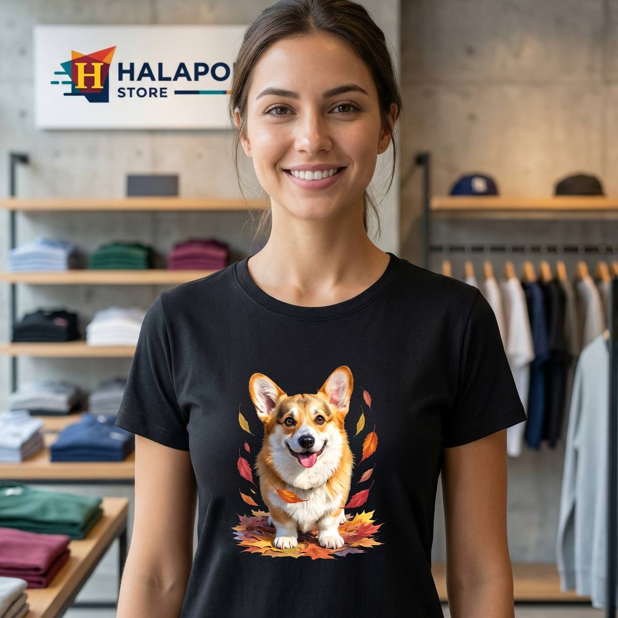 Happy Corgi With Autumn Leaves T-Shirt Design For Dog Lovers Graphic Mens