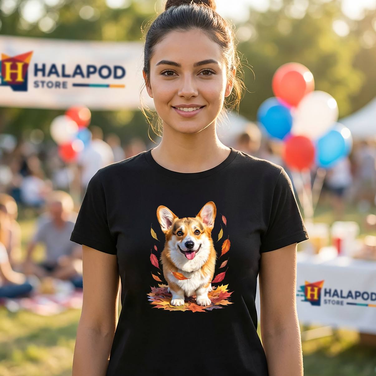 Happy Corgi With Autumn Leaves TShirt Design For Dog Lovers Graphic Mens