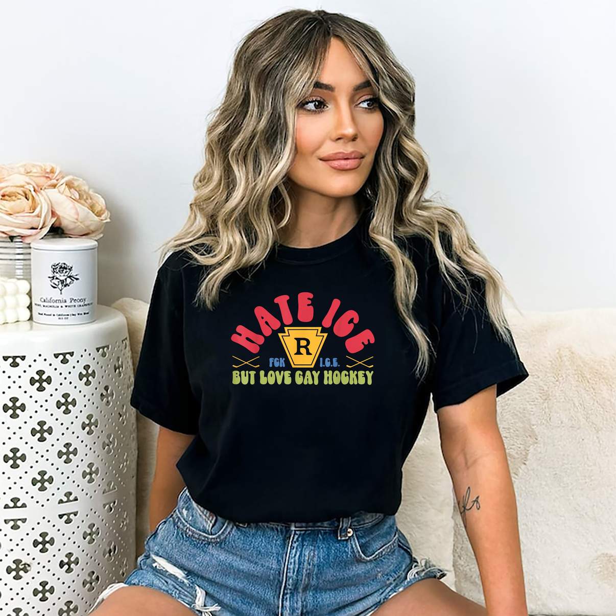 Hate Ice But Love Gay Shirt Hockey Funny LGBTQ Pride Meme Graphic Design Mens