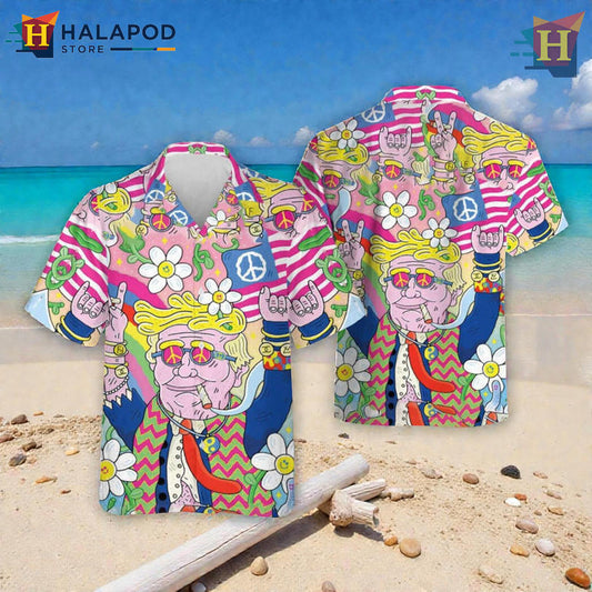 Hippie Trump Meme Parody On Short Sleeve Hawaiian Shirt Bold Fun Look
