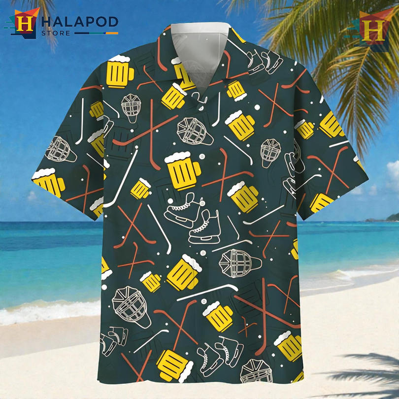 Hockey And Beer Humor Artwork In Short Sleeve Hawaiian Shirt Party Wear