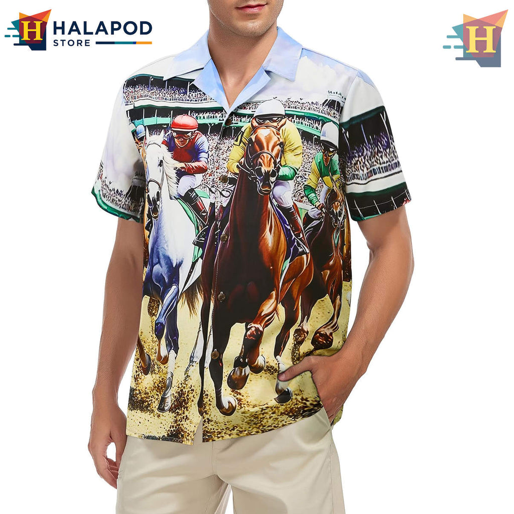 Horse Racing Hawaiian Shirt Floral Print Novelty Summer Beach Casual Fan Apparel
