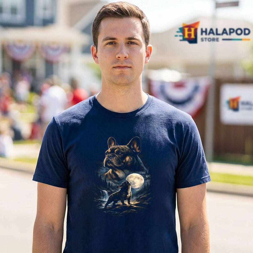 Howling Moon French Bulldog Shirt Vintage Frenchie Humor Casual Graphic Mens