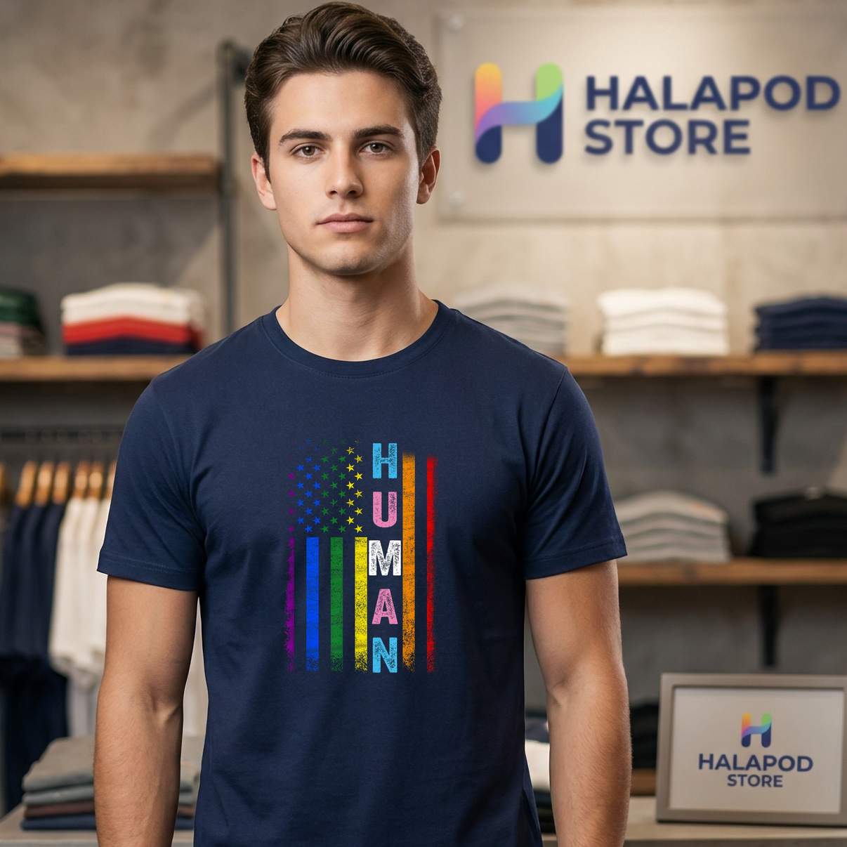 Human LGBT American Flag Shirt LGBTQ Rainbow Pride Month Graphic Design Mens