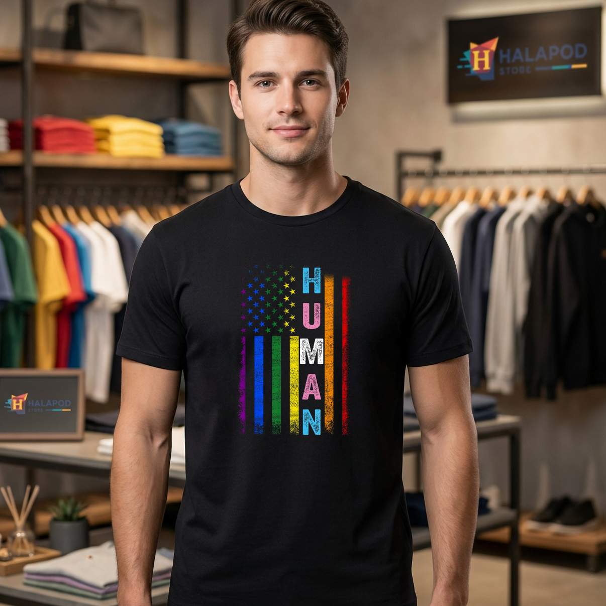Human LGBT American Flag T-Shirt LGBTQ Rainbow Pride Month Graphic Design Mens