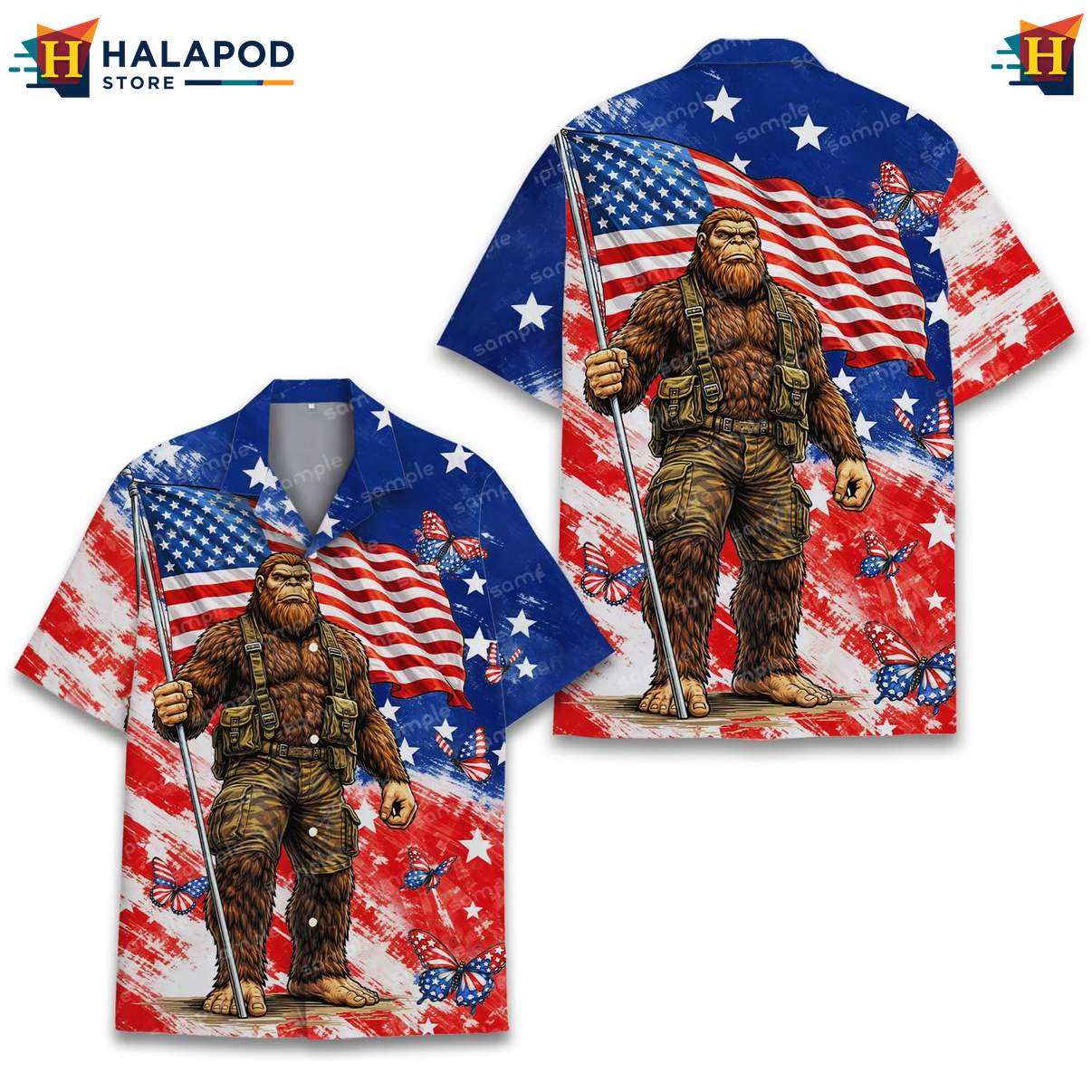 Humorous Bigfoot Short-sleeve button-up shirt, Usa Flag Design For 4th Of July Celebrations