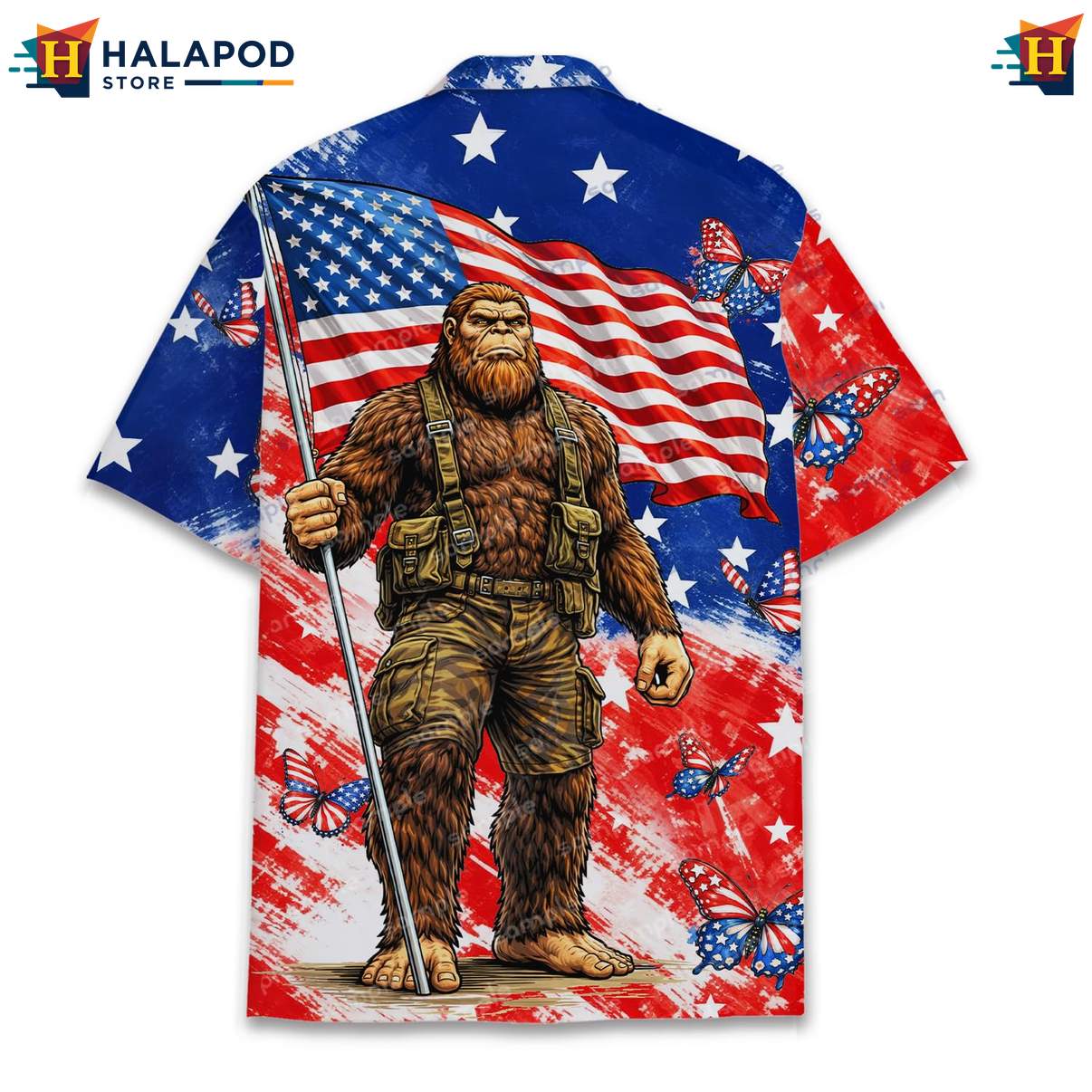 Humorous Bigfoot Tropical Shirt, Usa Flag Design For 4th Of July Celebrations