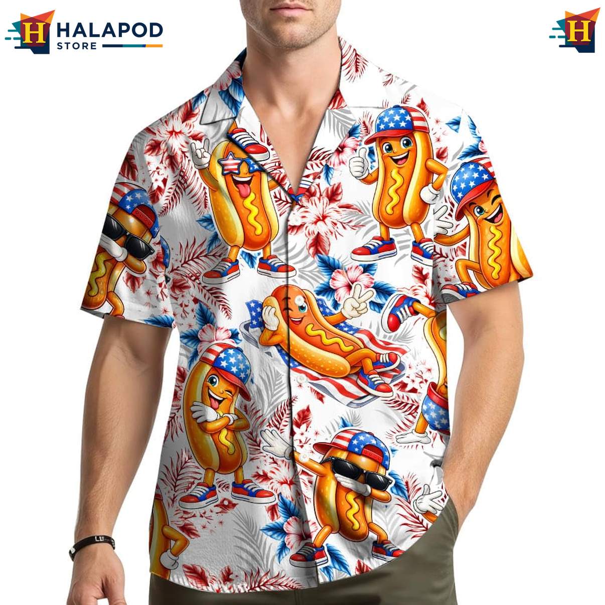 Humorous Hot Dog Hawaiian Shirt, Vibrant Cartoon Design For Summer Fun