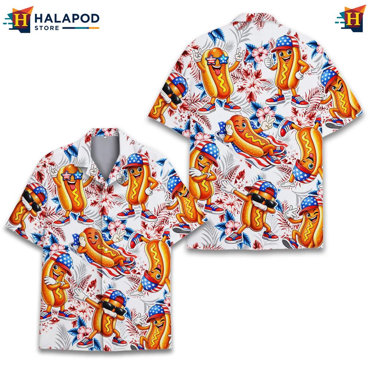 Humorous Hot Dog Short-sleeve button-up shirt, Vibrant Cartoon Design For Summer Fun