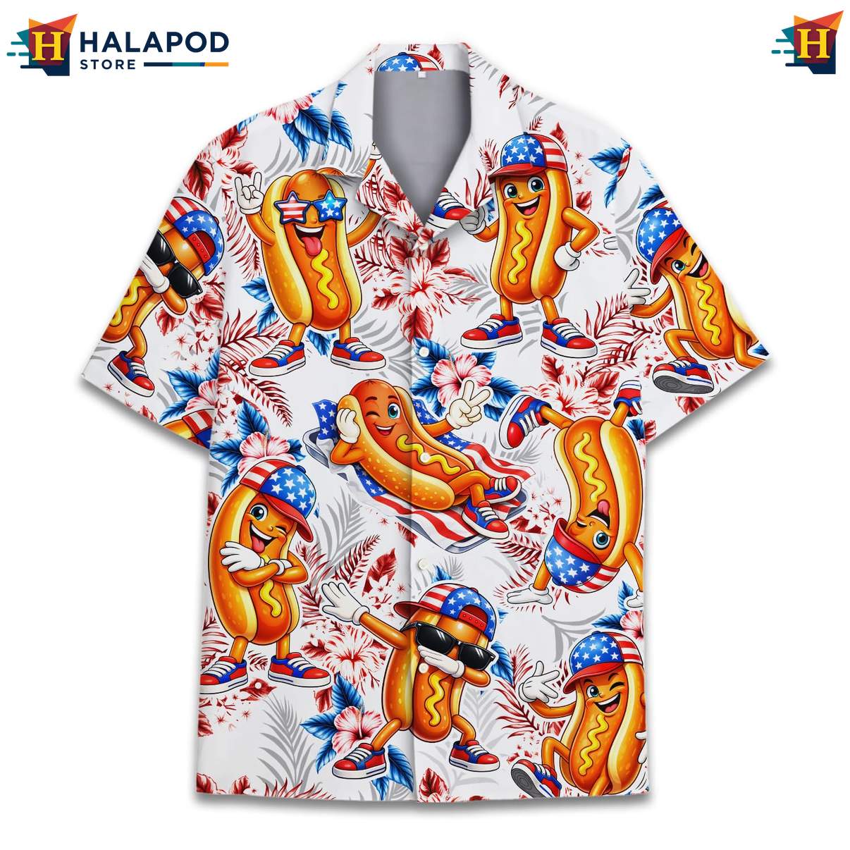 Humorous Hot Dog Tropical Shirt, Vibrant Cartoon Design For Summer Fun