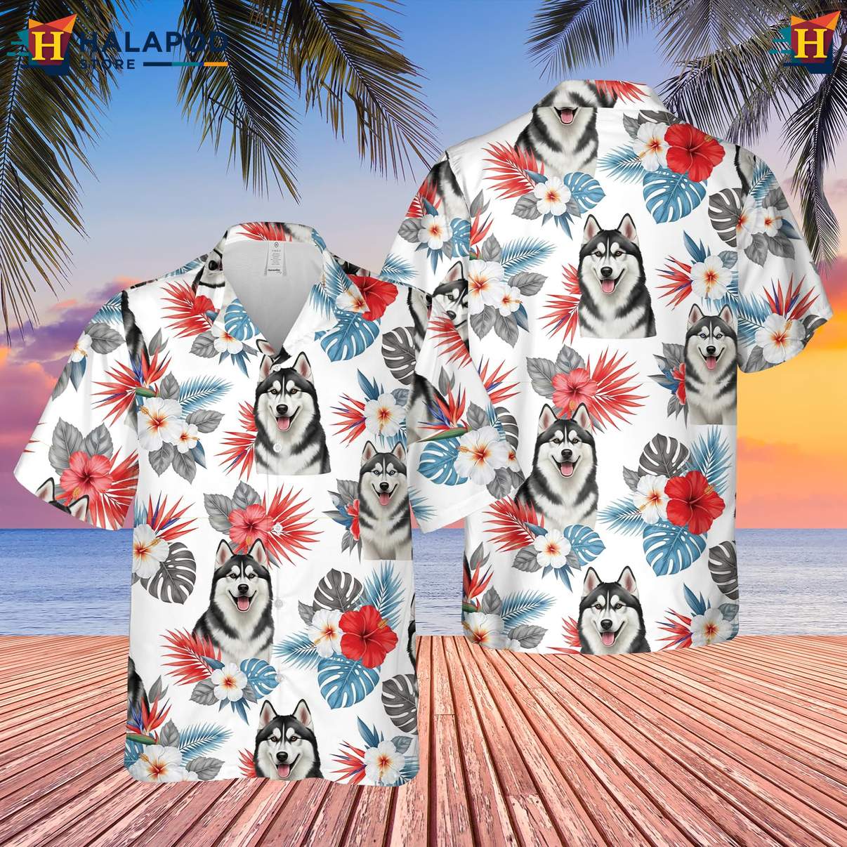 Husky Dog Casual Aloha Beach Tee Shirt Mens Hawaiian Lovers Short Sleeve Top