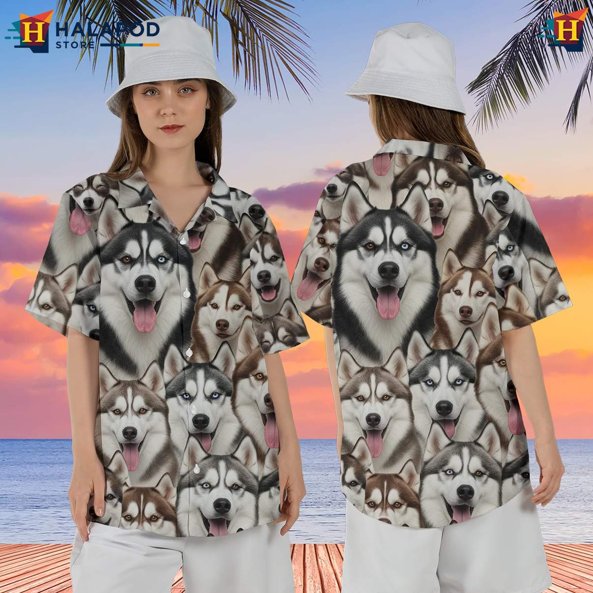 Husky Dog Lover Aloha Shirt Mens Short Sleeve Casual Button Down Beachwear