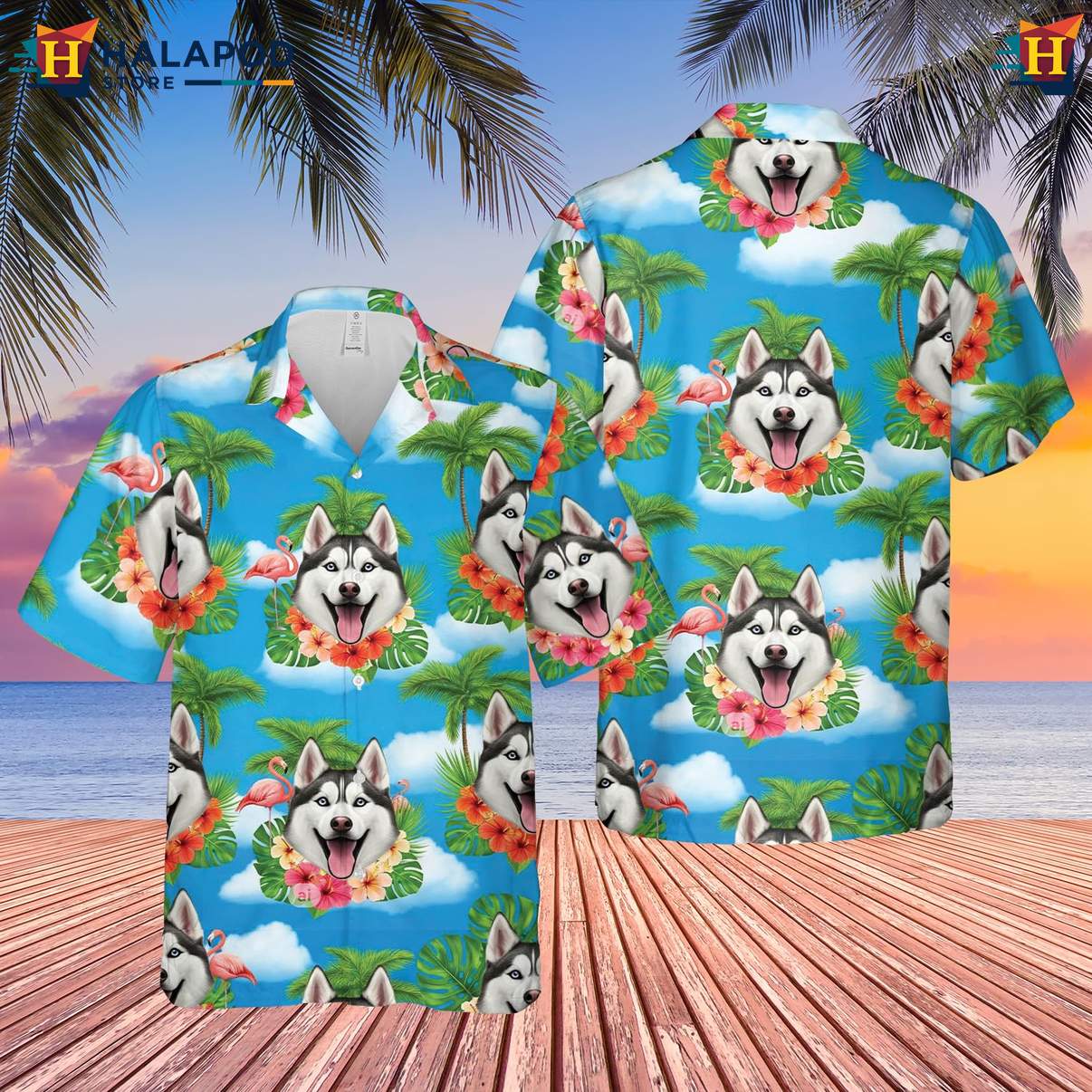Husky Dog Lovers Tropical Beach Tee Shirt Hawaiian Short Sleeve Button Down