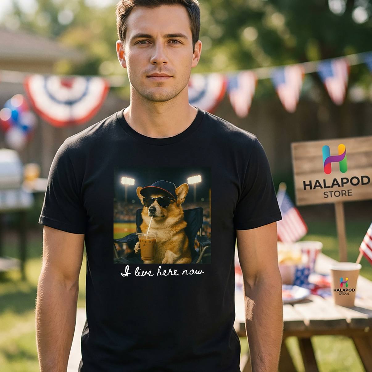I Live Here Now Corgi Mom T-Shirt Baseball Mama Ice Coffee Funny Dog Mens