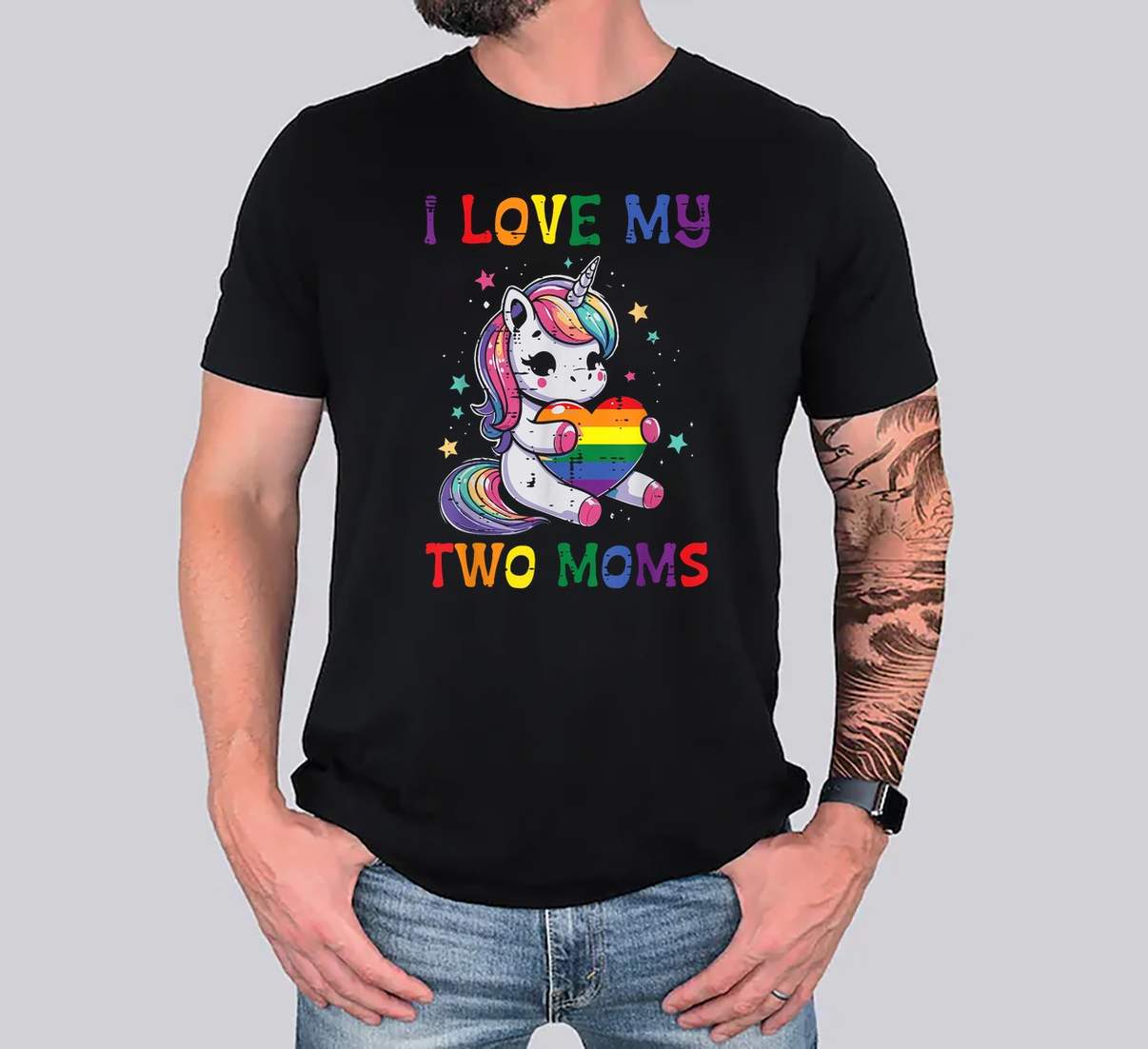 I Love My Two Moms LGBT T-Shirt Unicorn LGBTQ Ally Gay Pride Month Graphic Kids