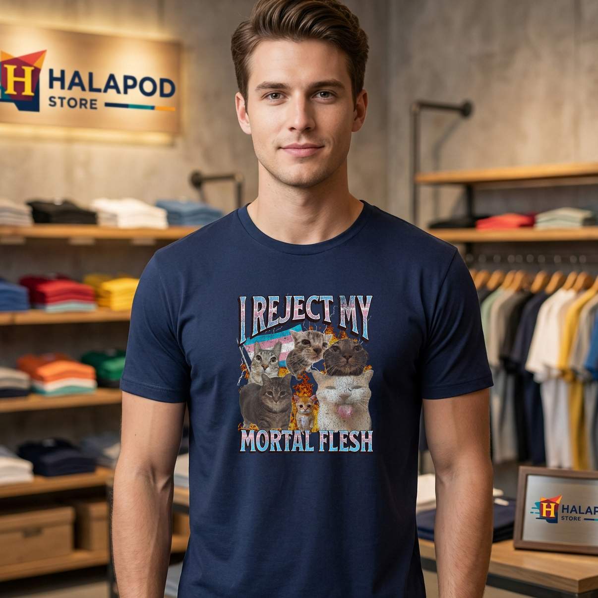 I Reject My Mortal Flesh T-Shirt Funny Trans LGBTQ Cat Meme Bootleg Graphic Men