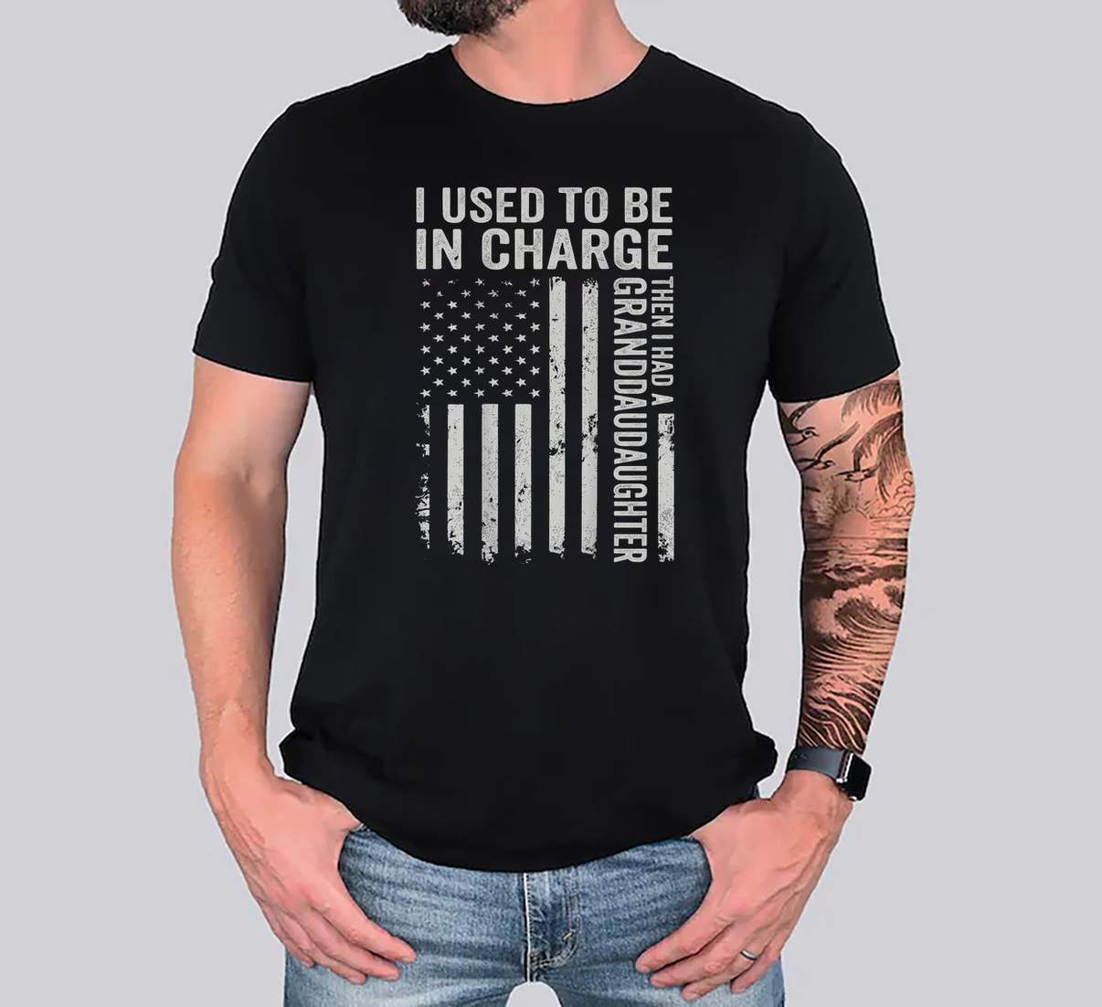 I Used To Be In Charge Funny T-Shirt Granddaughter US Flag Graphic Mens