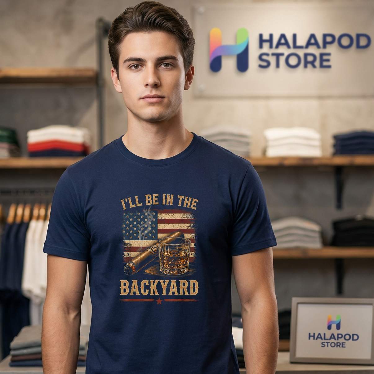 Ill Be In The Backyard Cigar Shirt Vintage USA Flag Bourbon Graphic Men