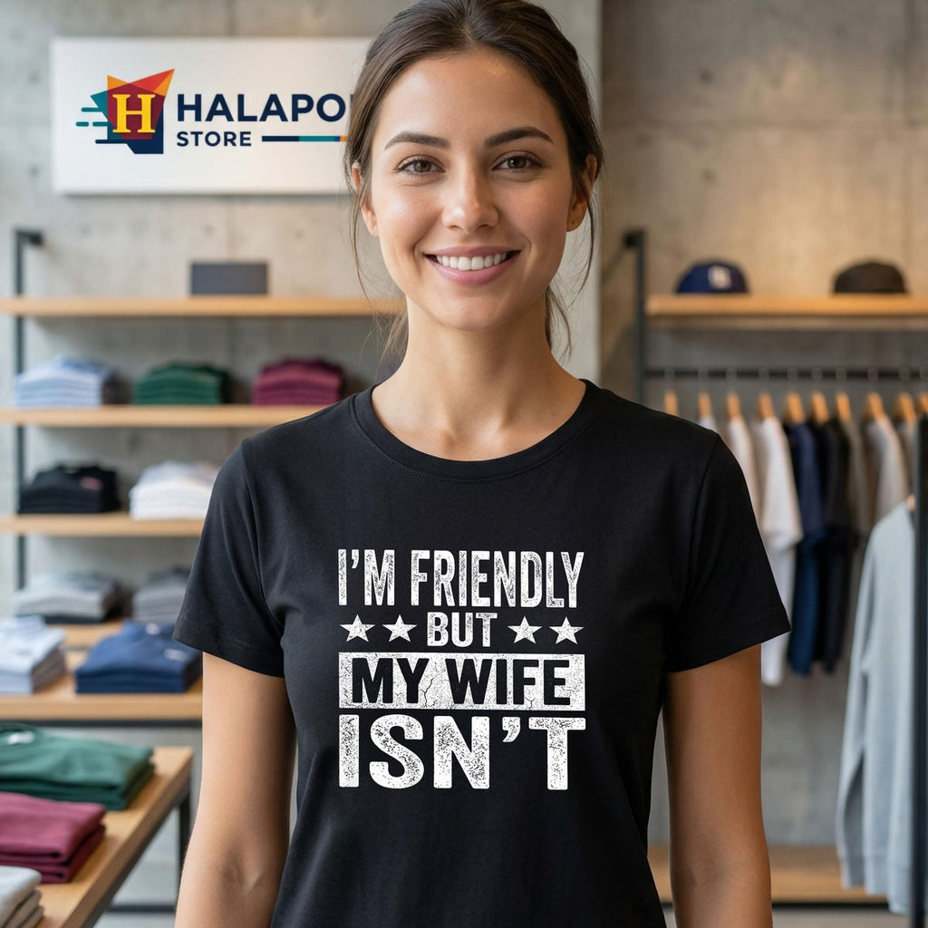 Im Friendly But My Wife Isnt Shirt 2026 Funny Husband Humor Mens Fan Apparel