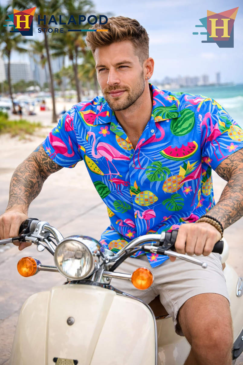 Indigo Flamingo Melon Hawaiian Shirt Tropical Summer Beach Casual Mens Shirt