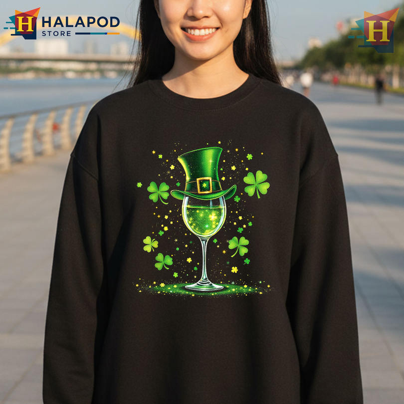 Irish Shamrock Wine Glass Leprechaun Hat Fun Saint Patrick's Day Shirts Ladies Party