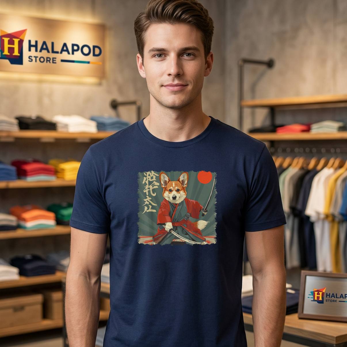 Japanese Art Samurai Ukiyo Shirt Pembroke Welsh Corgi Dog Graphic Mens
