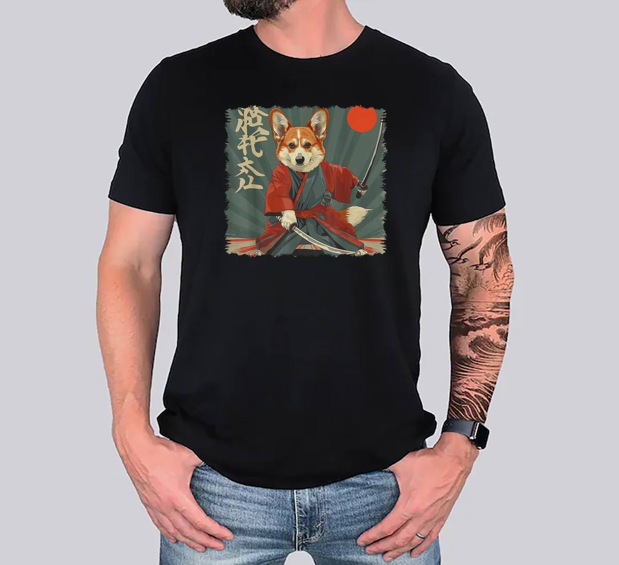 Japanese Art Samurai Ukiyo Tee Shirt Pembroke Welsh Corgi Dog Graphic Mens