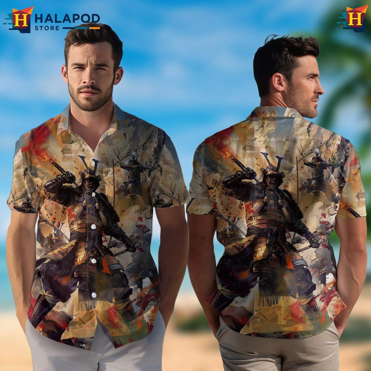 Japanese Samurai Warrior Aloha Shirt Mens Casual Beach Button Down Outfit
