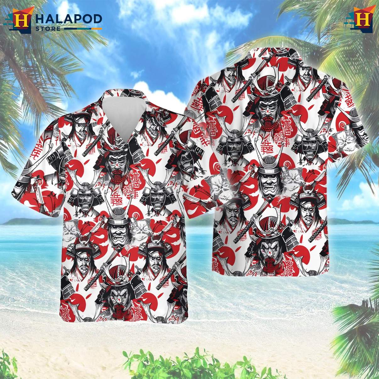 Japanese Warrior Samurai Tropical Shirt Mens Casual Button Down Beach Outfit