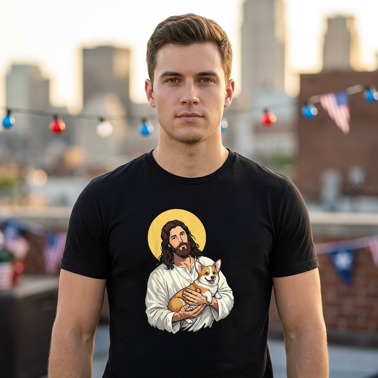 Jesus Holding Corgi Dog Meme Shirt Funny Christian Religion Graphic Mens