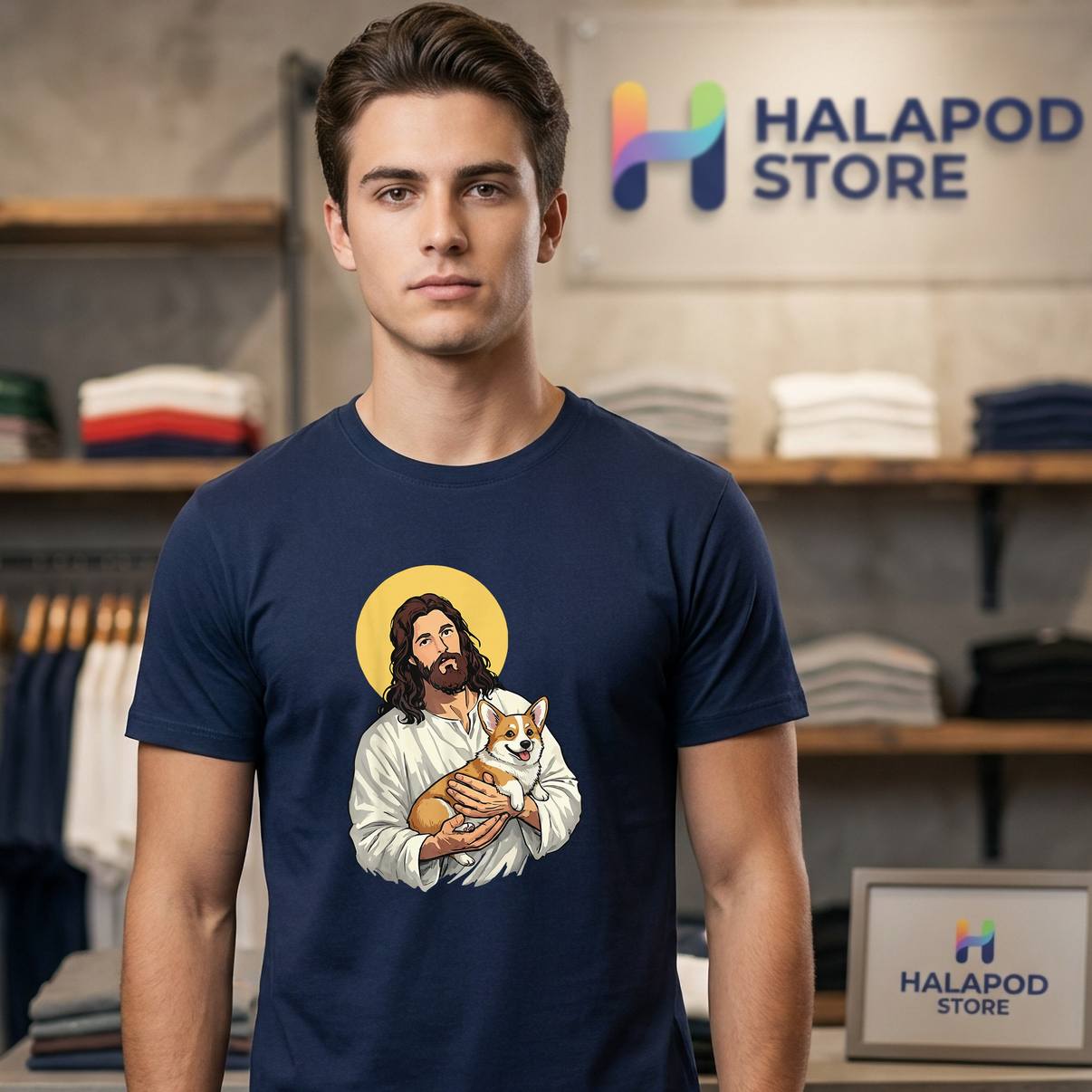Jesus Holding Corgi Dog Meme Tee Shirt Funny Christian Religion Graphic Mens