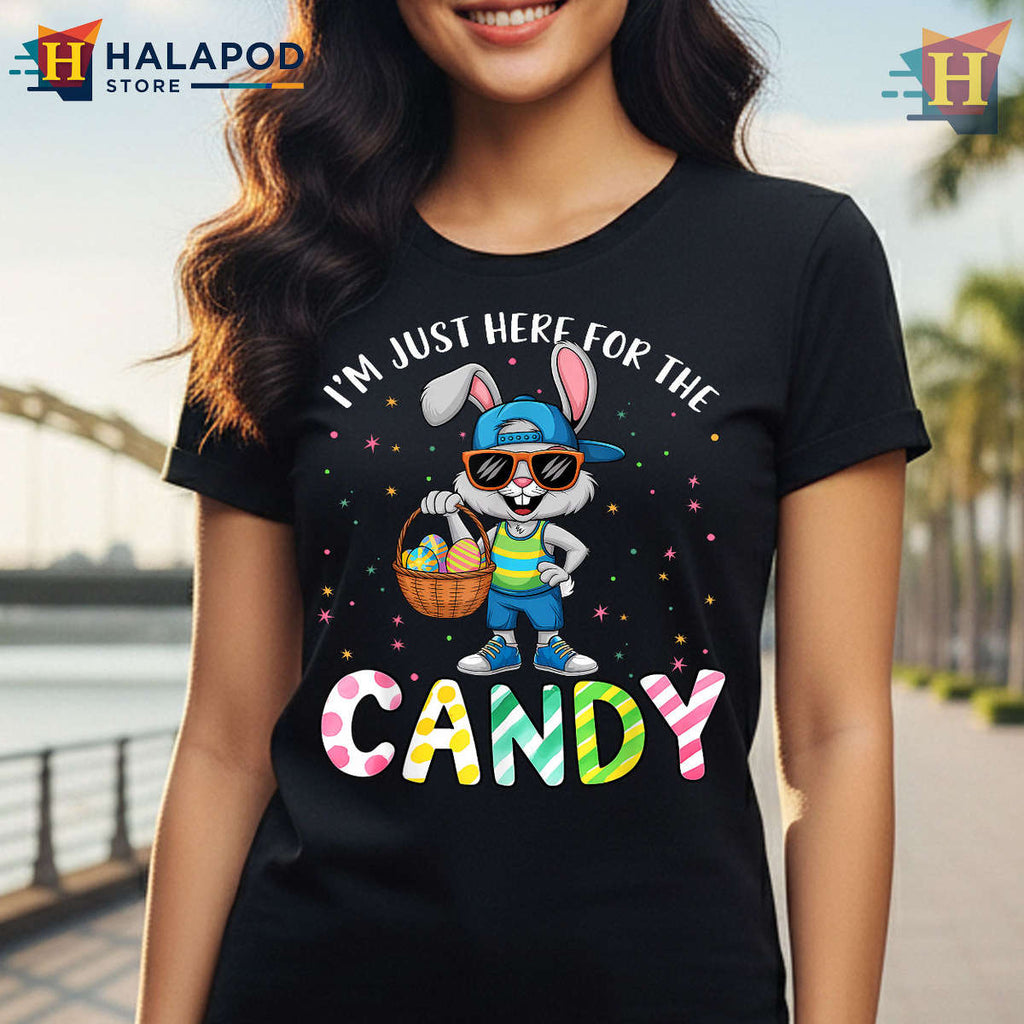 Just Here For Candy Bunny Graphic Easter Shirts For Boys And Kids