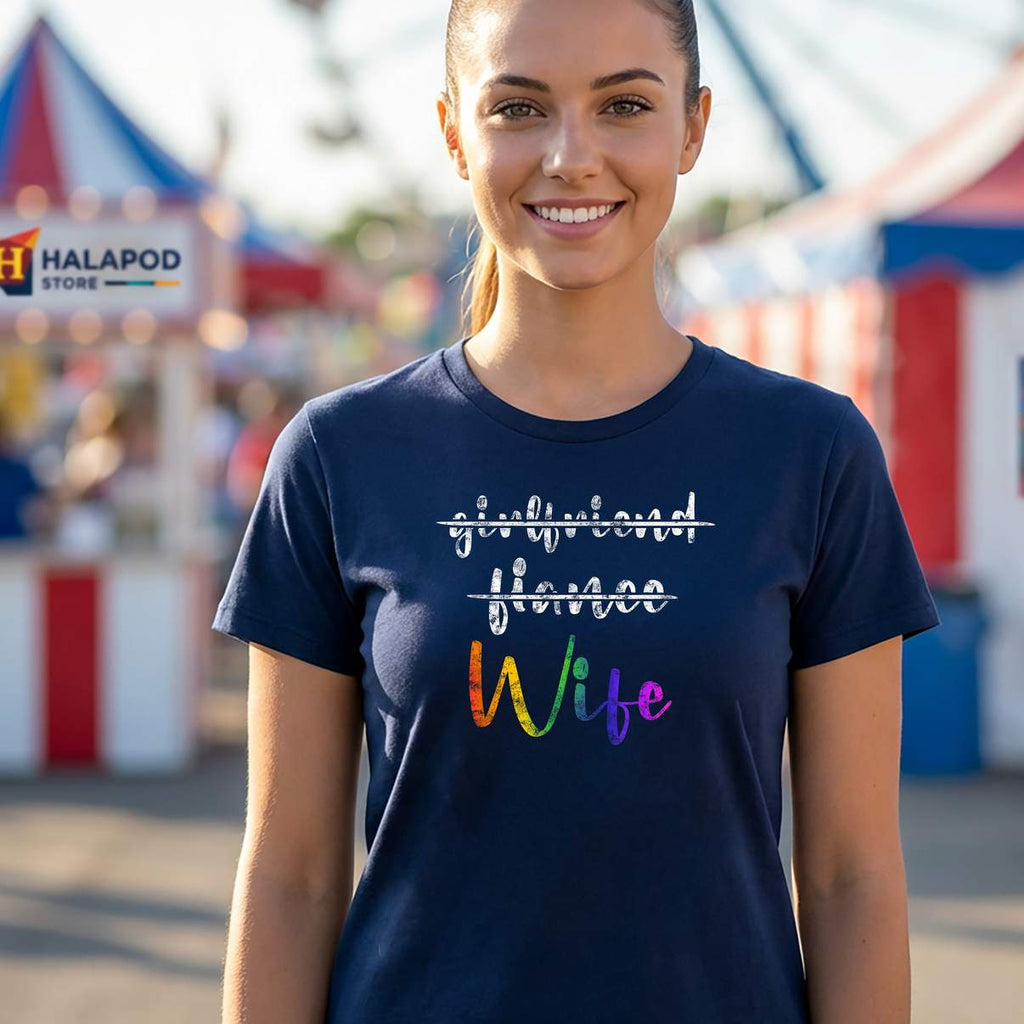 Just Married LGBT Wedding Shirt Party Lesbian Wife Honeymoon Graphic For Mens