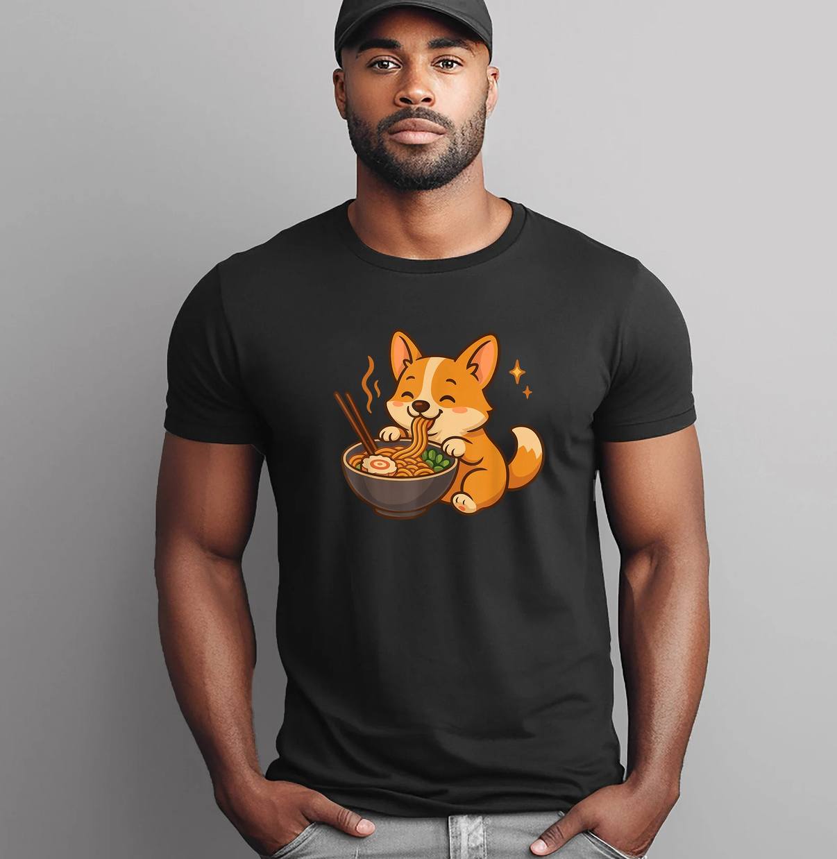 Kawaii Corgi With Noodles Shirt Ramen Dog Funny Meme Graphic Apparel Men
