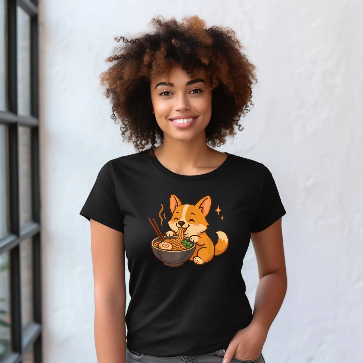 Kawaii Corgi With Noodles Tee Shirt Ramen Dog Funny Meme Graphic Apparel Men