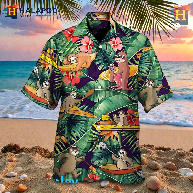 Kayaking Sloth Summer Beach Art On Personalized Hawaiian Shirt Fun Vacation Gift