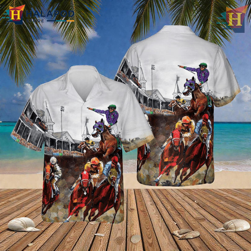 Kentucky Derby Horse Racing Graphic In Cool Hawaiian Shirt Bold Sporty Look