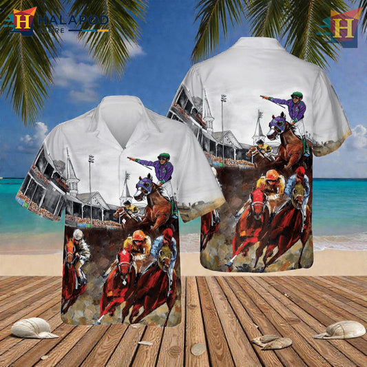 Kentucky Derby Horse Racing Graphic In Cool Hawaiian Shirt Bold Sporty Look