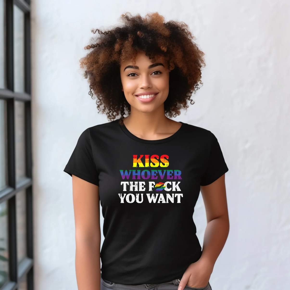 Kiss Whoever LGBTQ Ally T-Shirt Gay Pride Month Rainbow Funny Graphic For Womens