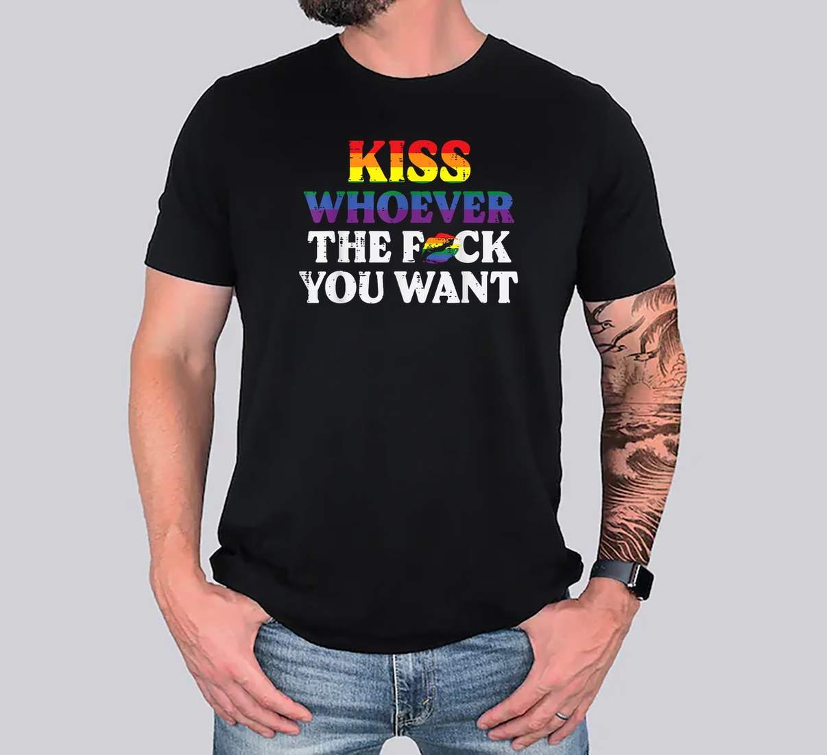 Kiss Whoever LGBTQ Ally TShirt Gay Pride Month Rainbow Funny Graphic For Womens