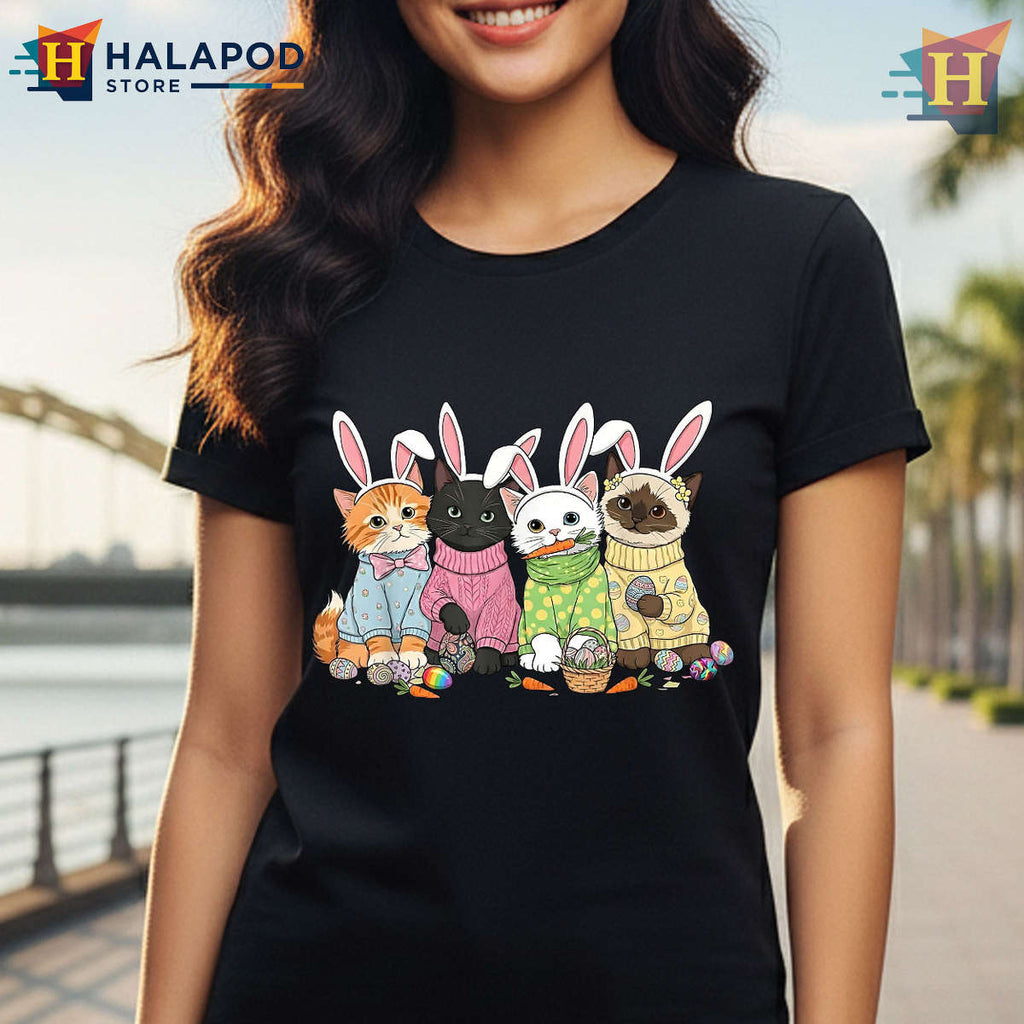 Kitten Squad Egg Hunt Graphic Easter Shirts For Women Cat Lovers