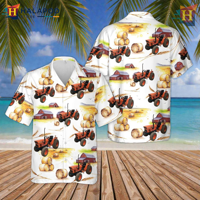 Kubota B8200 Tractor Artwork Featured In Button Up Tropical Shirt Farm Style