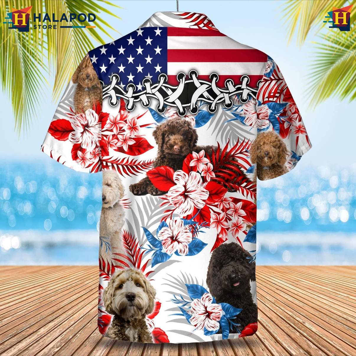 Labradoodle Dog Tropical Aloha Tee Shirt Mens Hawaiian Leaf Button Down Outfit